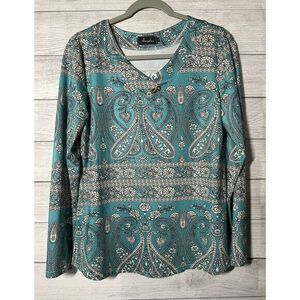 Amzpluz Woman's Tunic Top Size Large Floral Green Pullover Blouse Long Sleeve‎